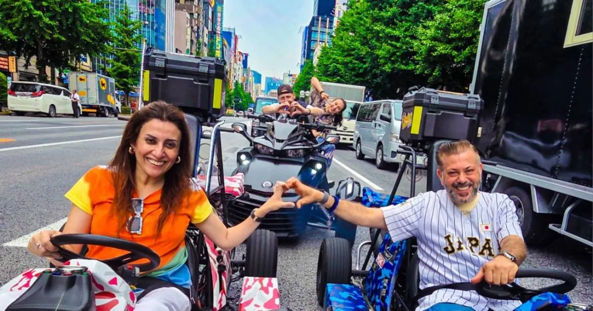 Go-kart driving toward Tokyo Skytree on an Asakusa Skytree and Akihabara go-kart tour in Sumida City, Tokyo, Japan