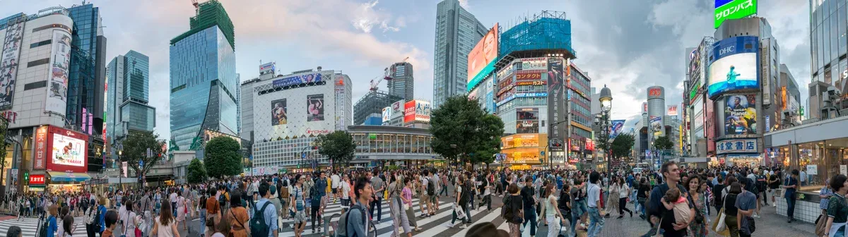 Shibuya scramble crossing crowds beside the go-kart route in Shibuya, Tokyo, Japan