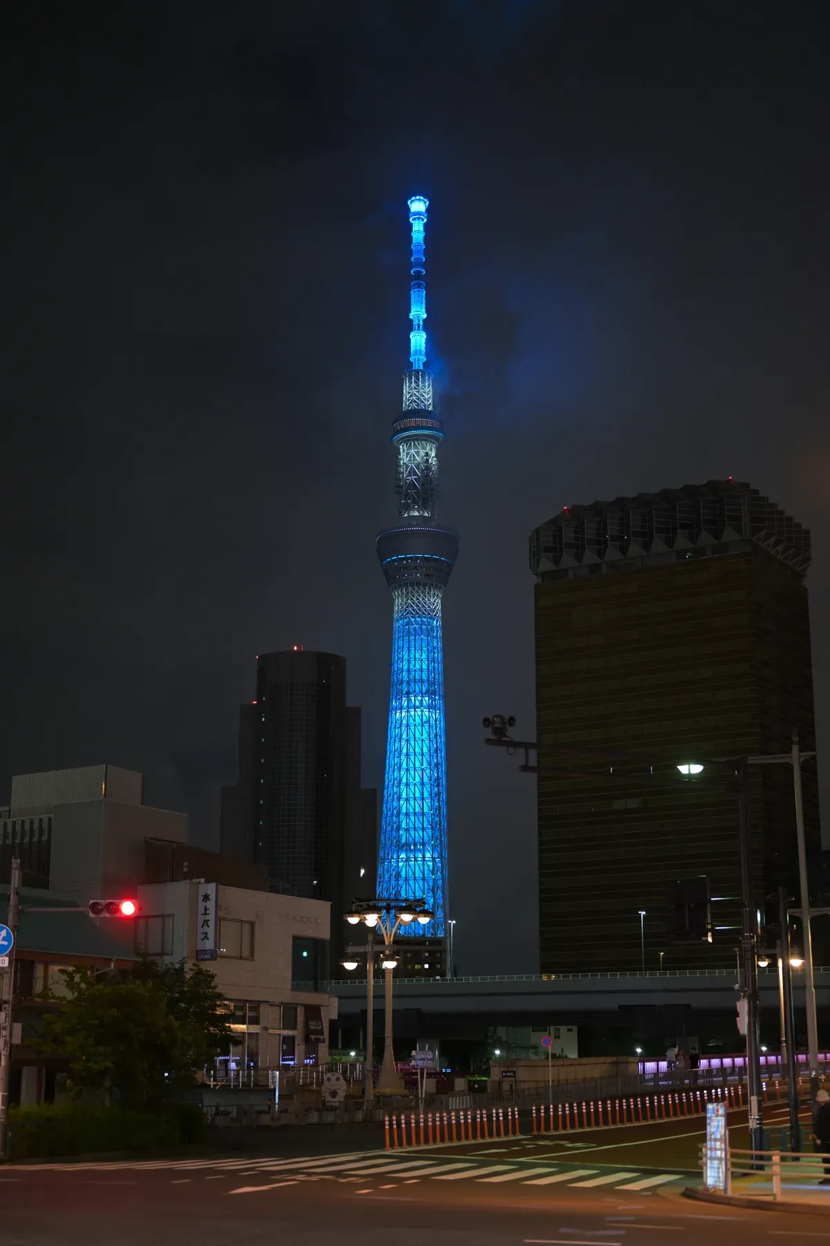 Tokyo Skytree at night seen from Asakusa on the Asakusa Skytree Akihabara go-kart tour in Sumida City, Tokyo, Japan